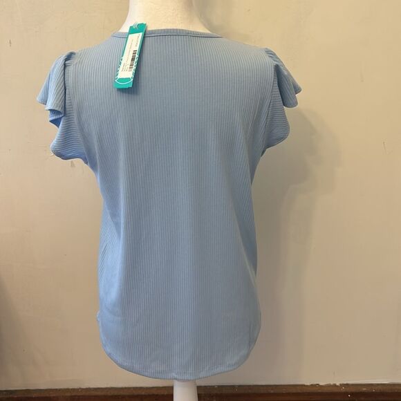 Staccato Marina light blue V neck flutter sleeve tee Size S New - Picture 5 of 9